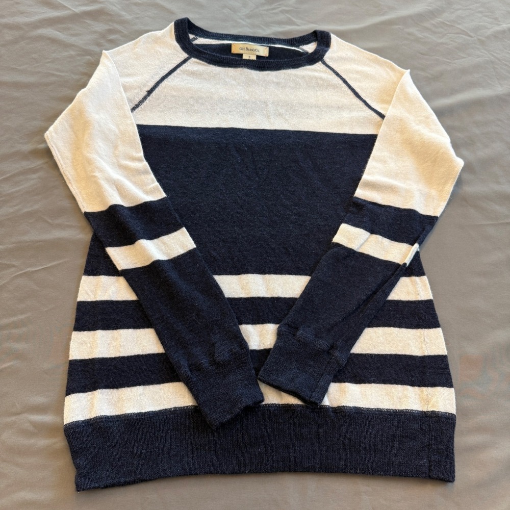GH Bass & Co Womens Navy Blue White Striped Raglan Knit Sweater Size S RN36543